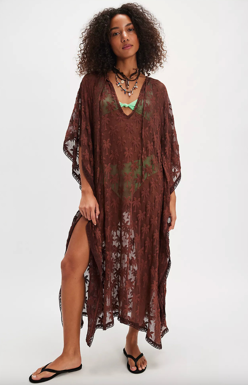 Free People Getaway Caftan Maxi Dress Palm Tree Mesh Swim Coverup Resort OS